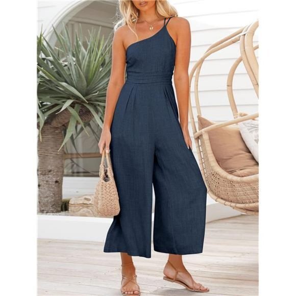 Women's Dark Blue One Shoulder High Waist Casual Wide‎ Leg Linen Jumpsuit Romper - Picture 3 of 7